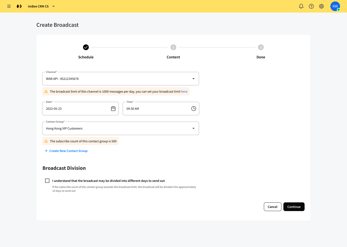 create boardcast with dynamic contact group